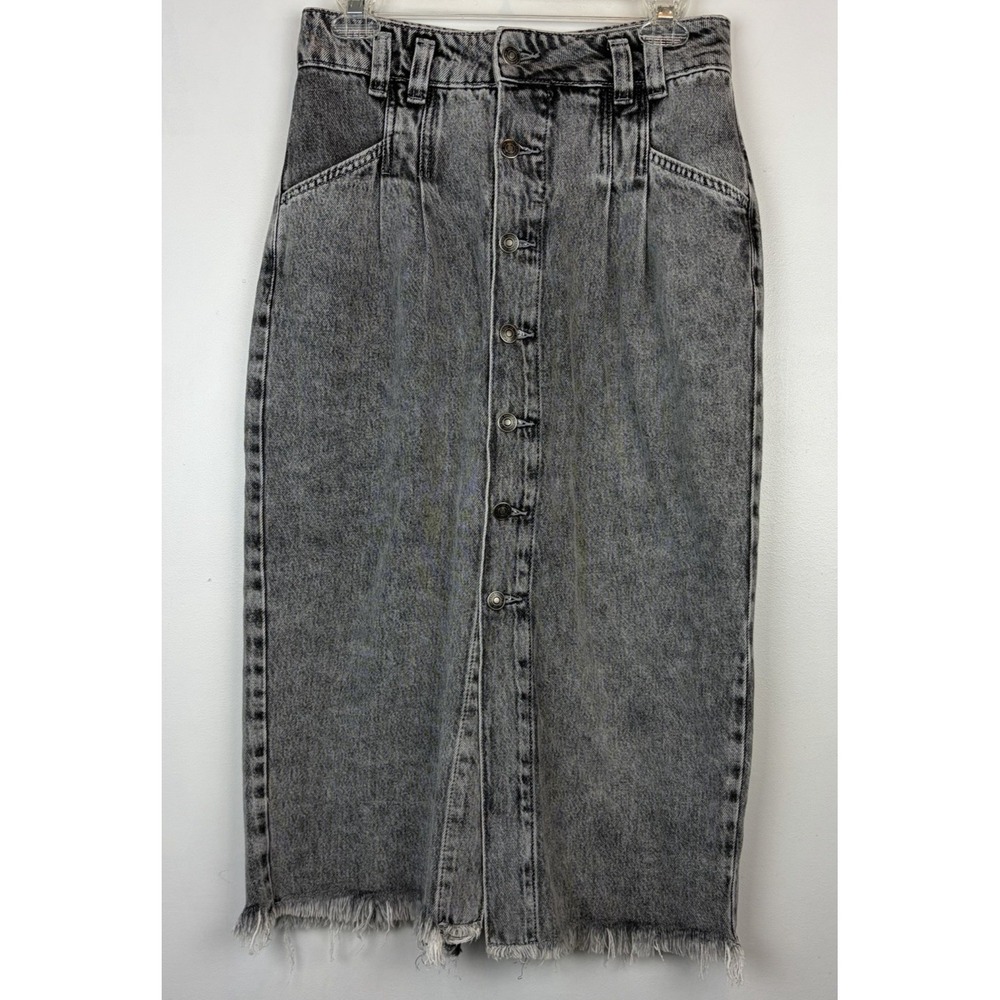 We Free People Black Denim Midi Skirt Women 28 Button Sidney Gray Ranch Country